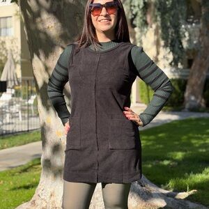 Black Corduroy Dress with Green Striped Sleeves